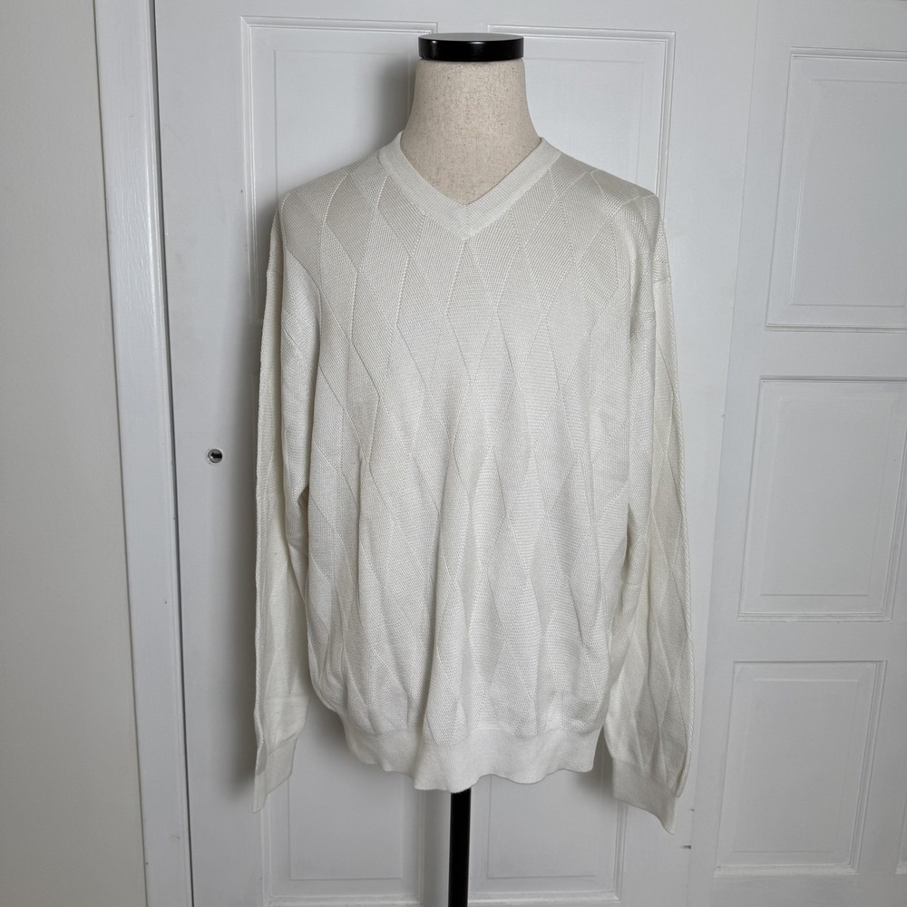 Talbots Sweater Mens 2XL Ivory V Neck Diamond Argyle Knit Mercerized Pima Cotton